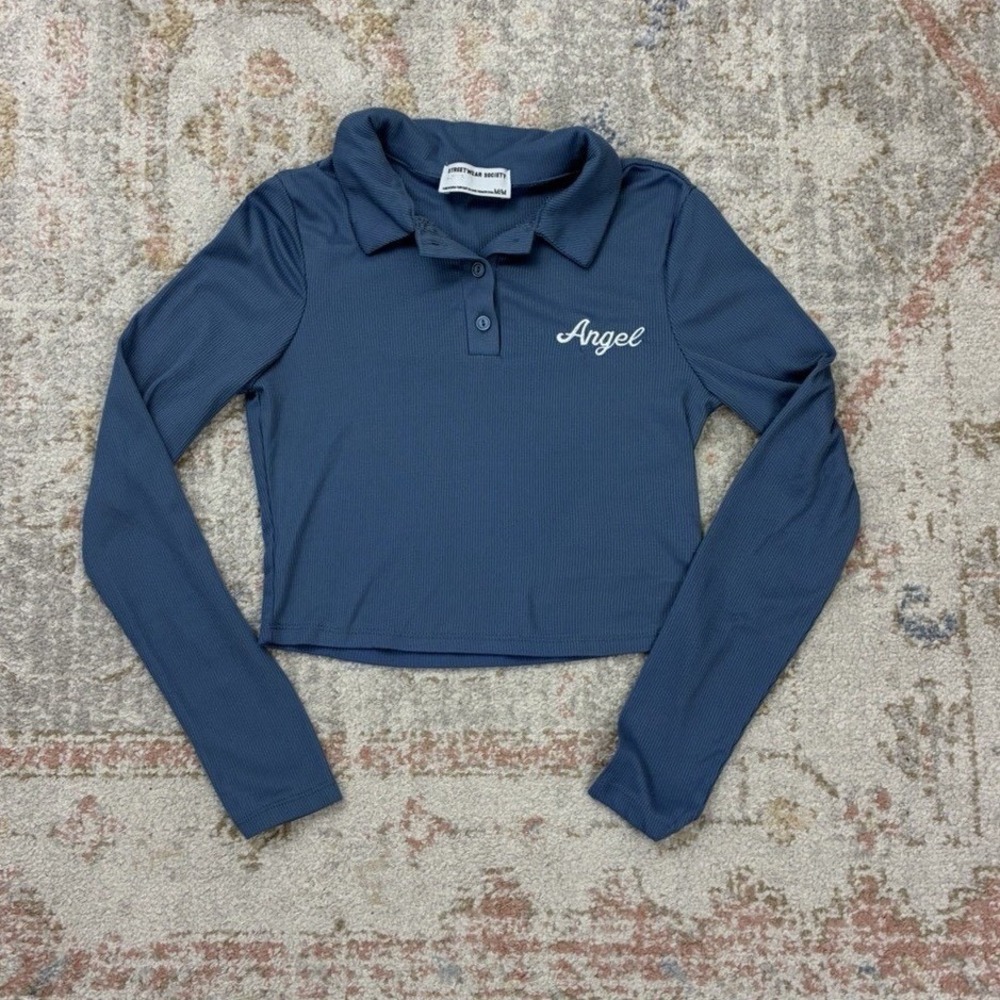 Streetwear Society Blue 'Angel' Ribbed Crop Polo Top M Y2K Skater Grunge